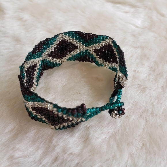 GEOMETRIC Design Bead Woven Bracelet Teal Purple - Picture 4 of 5
